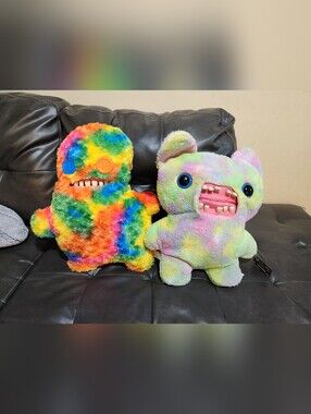 2 New Fuggler Rainbow Fuzzy Monster Plush with Button Eyes - Kids Stuffed Animal